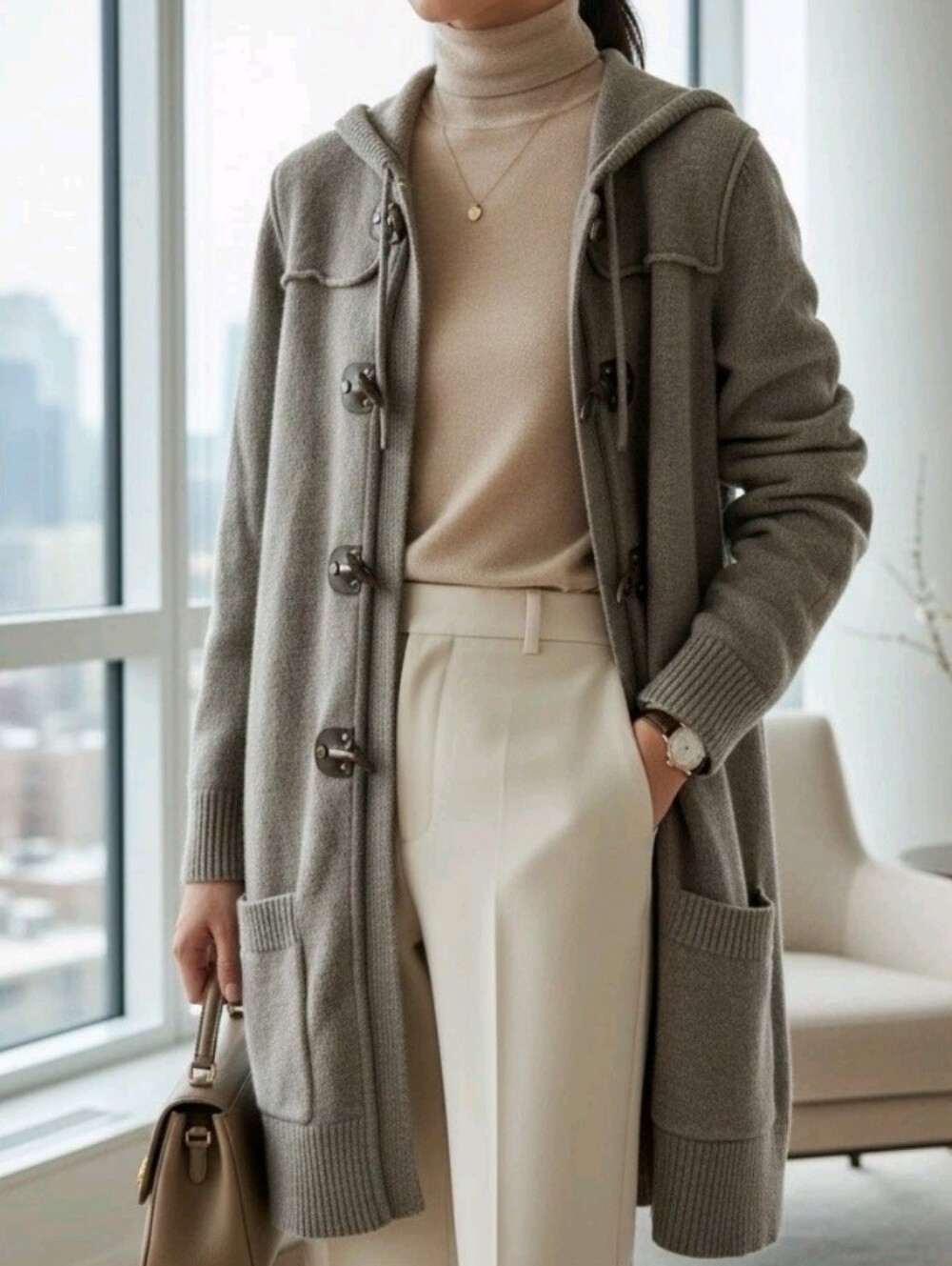 Lauren Ralph Lauren knit duffle sweater coat, longline hooded cardigan Size Med